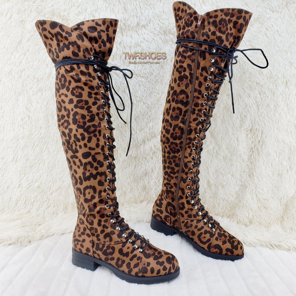 Leopard Corset Lace Over the Knee Riding Biker Boots - Picture 2 of 10